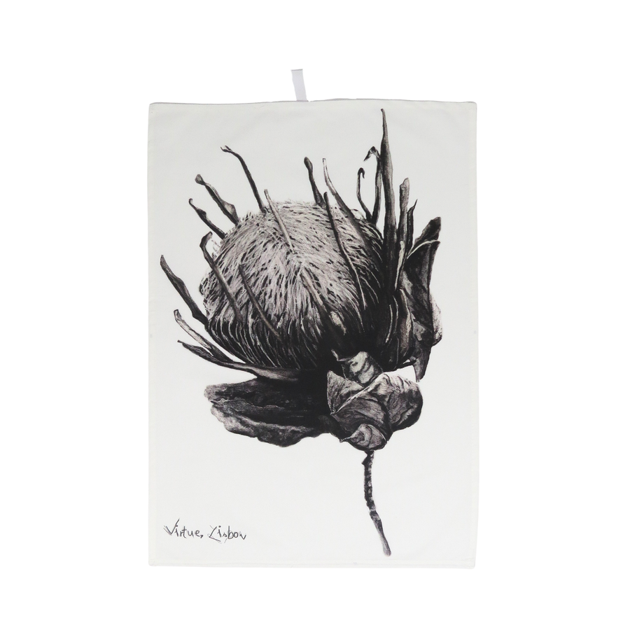 Protea cotton tea towel with hand-drawn artwork by Virtue