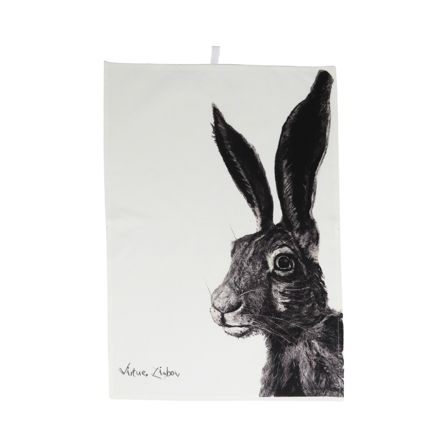 Hare cotton tea towel with hand-drawn artwork by Virtue