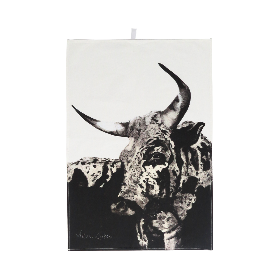 Nguni cotton tea towel with hand-drawn artwork by Virtue
